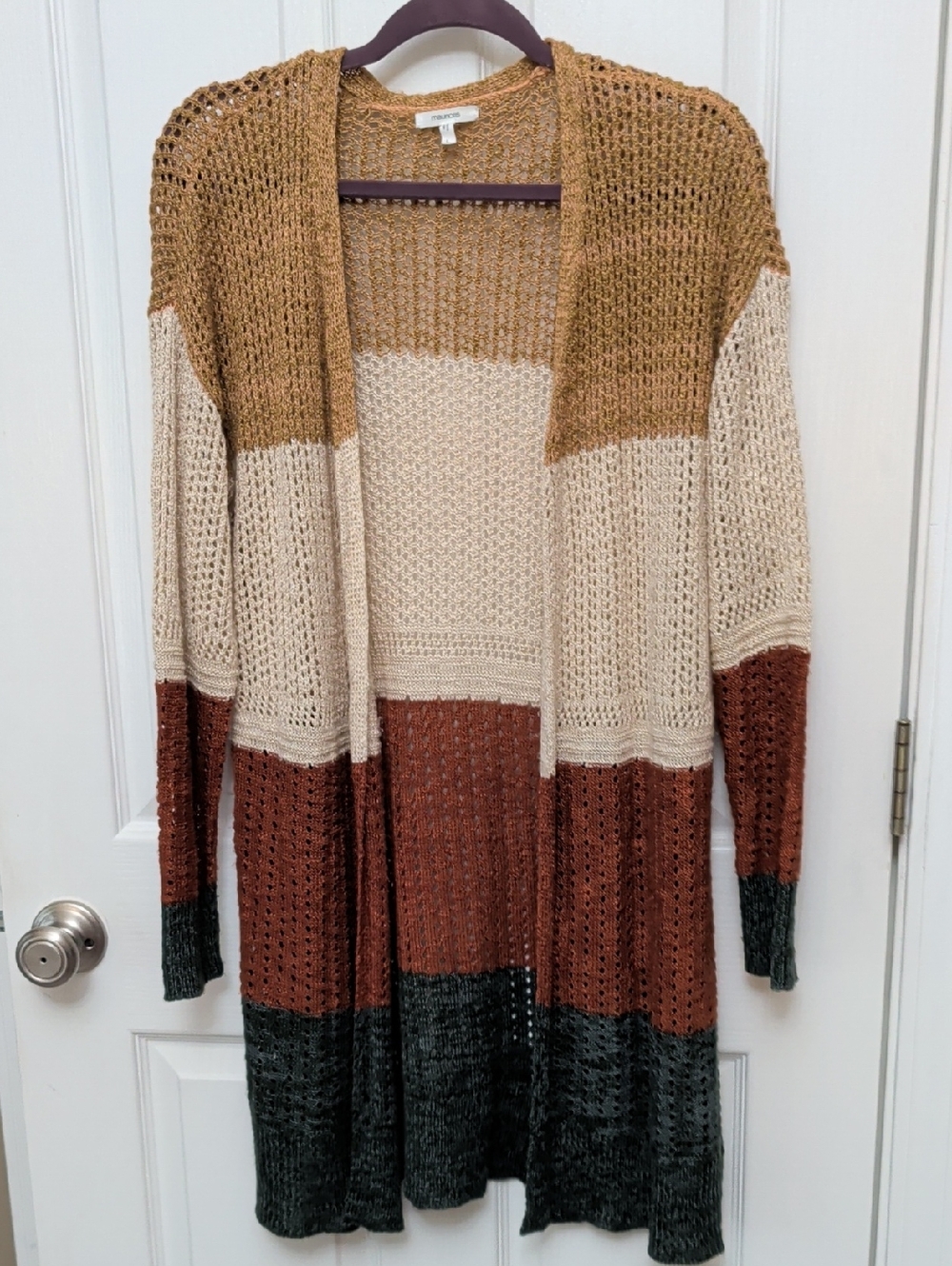 Mustard Cream Rust Olive Colorblock Duster Cardigan Sweater Large Lightweight